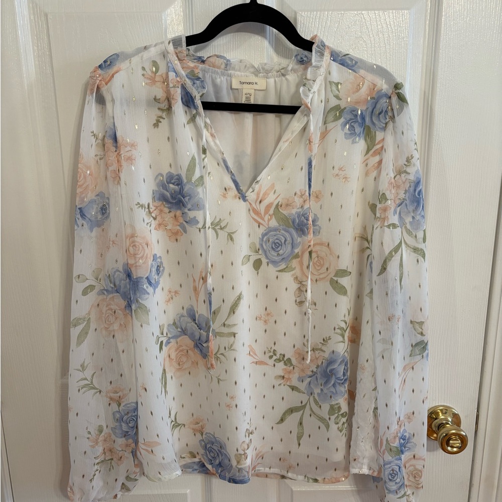 Floral Chiffon Blouse - White, Blue, and Peach